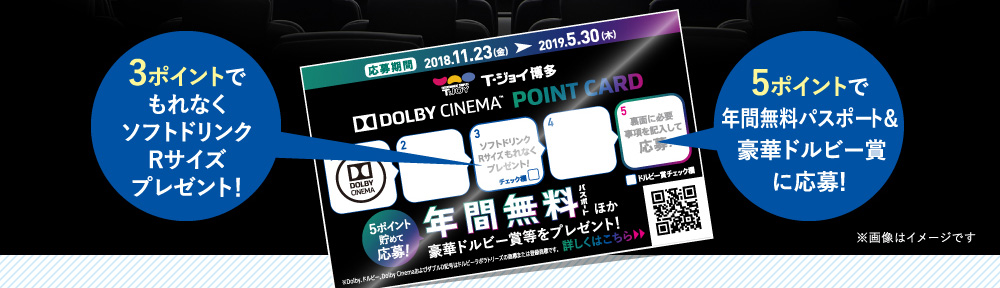 3ポイントでもれなくソフトドリンクRサイズプレゼント！　5ポイントで年間無料パスポート＆豪華ドルビー賞に応募！
