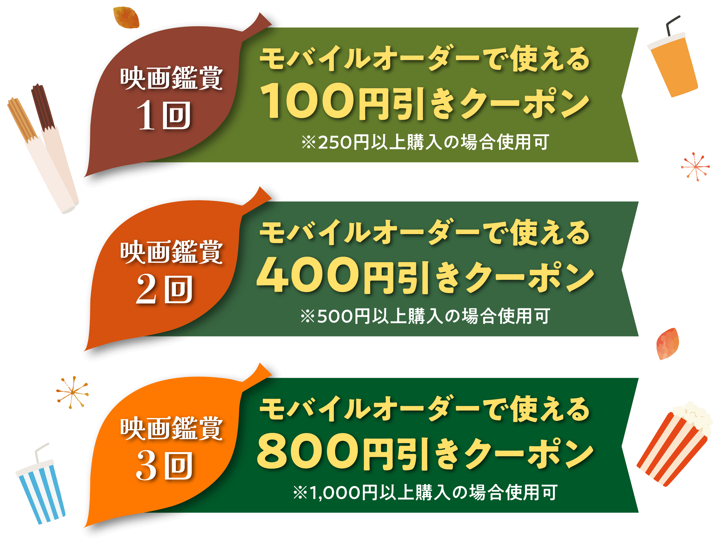 映画鑑賞1回 コンセッション100円引きクーポン ※250円以上購入の場合使用可 映画鑑賞2回 コンセッション400円引きクーポン ※500円以上購入の場合使用可 映画鑑賞3回 コンセッション800円引きクーポン ※1000円以上購入の場合使用可