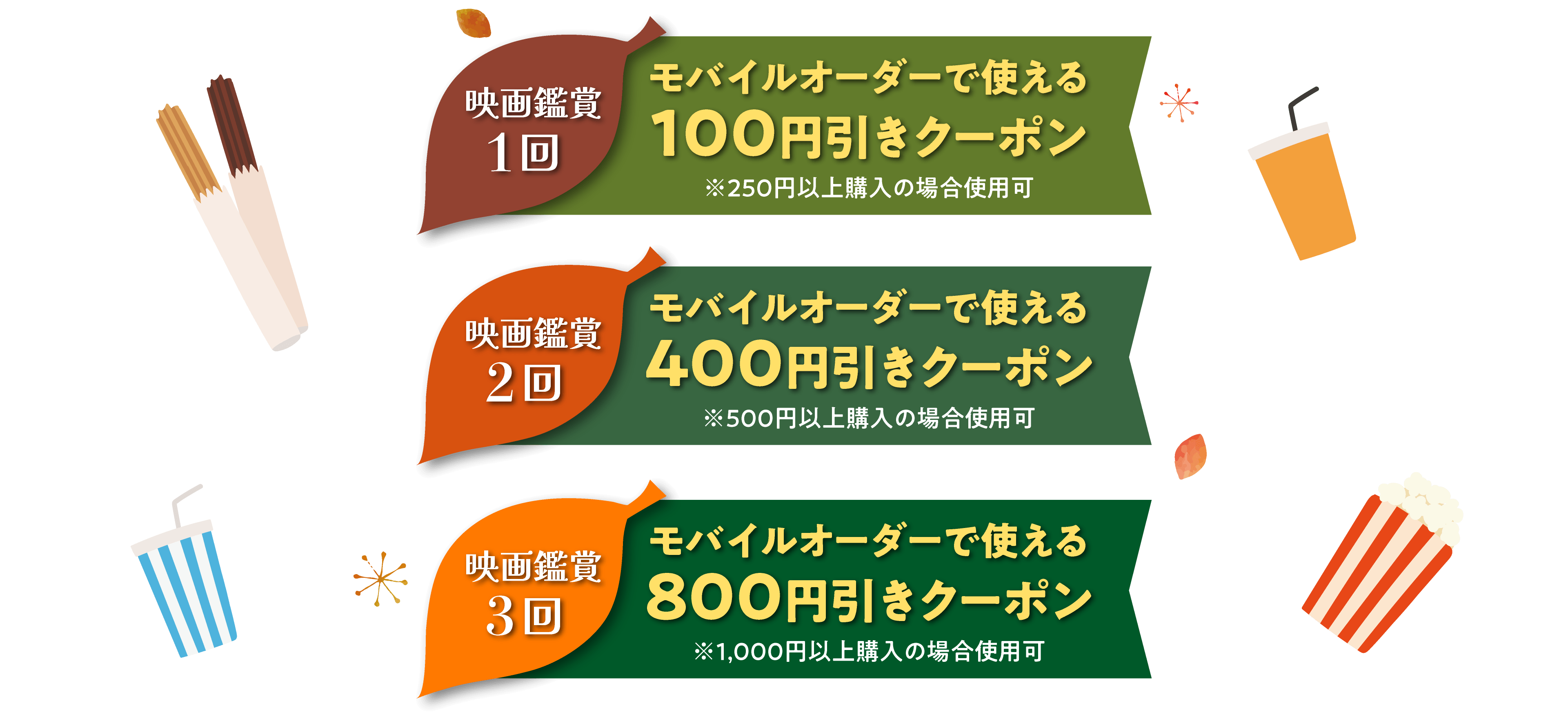 映画鑑賞1回 コンセッション100円引きクーポン ※250円以上購入の場合使用可 映画鑑賞2回 コンセッション400円引きクーポン ※500円以上購入の場合使用可 映画鑑賞3回 コンセッション800円引きクーポン ※1000円以上購入の場合使用可